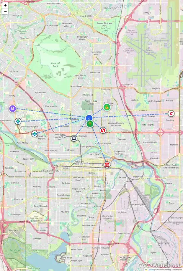 Daily accessibility map for 639 27 AV NW, Calgary showing nearby schools, grocery stores, parks, LRT stations and nearby amenities