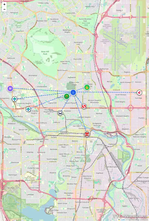 Daily accessibility map for 3108 5A ST NW, Calgary showing nearby schools, grocery stores, parks, LRT stations and nearby amenities