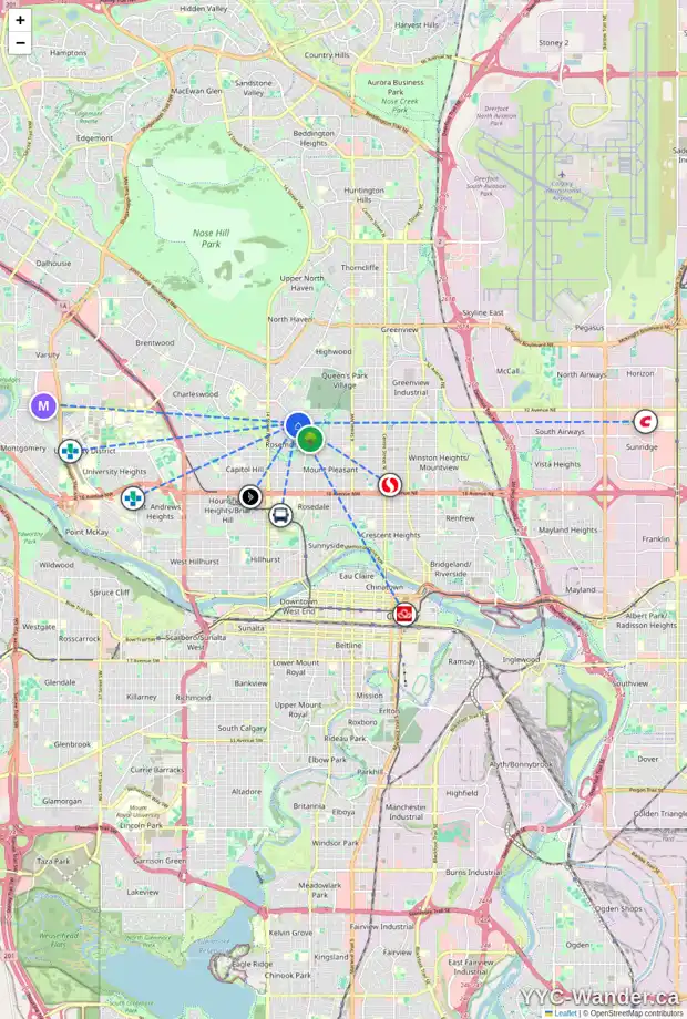 Daily accessibility map for 11 CAMBRIAN DR NW, Calgary showing nearby schools, grocery stores, parks, LRT stations and nearby amenities