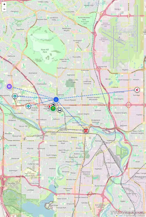 Daily accessibility map for 1532 21 AV NW, Calgary showing nearby schools, grocery stores, parks, LRT stations and nearby amenities
