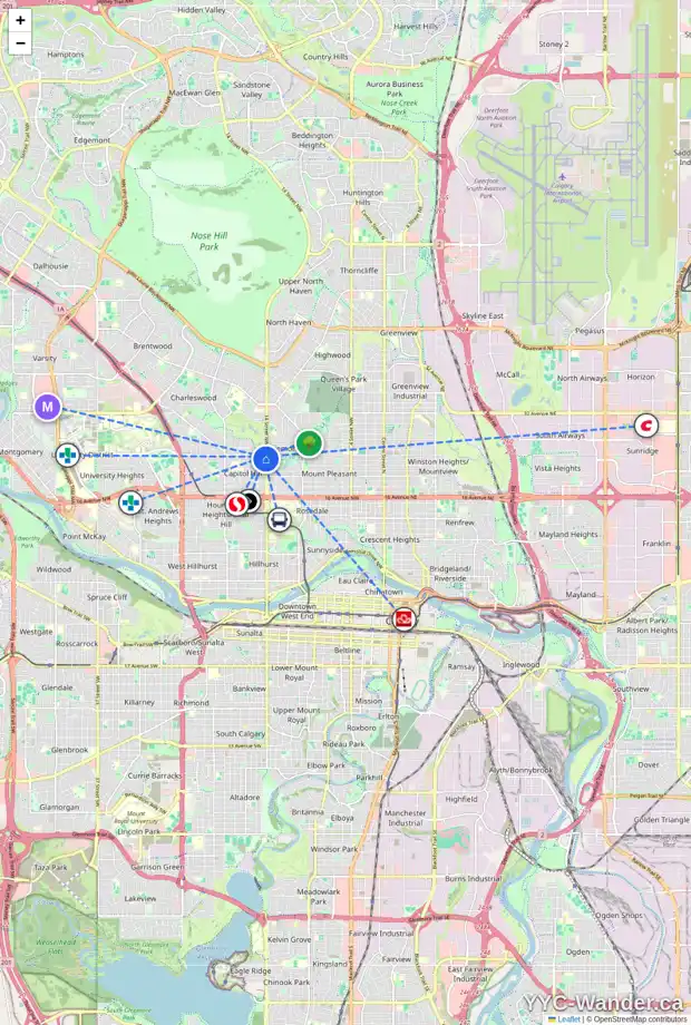 Daily accessibility map for 1511 24 AV NW, Calgary showing nearby schools, grocery stores, parks, LRT stations and nearby amenities