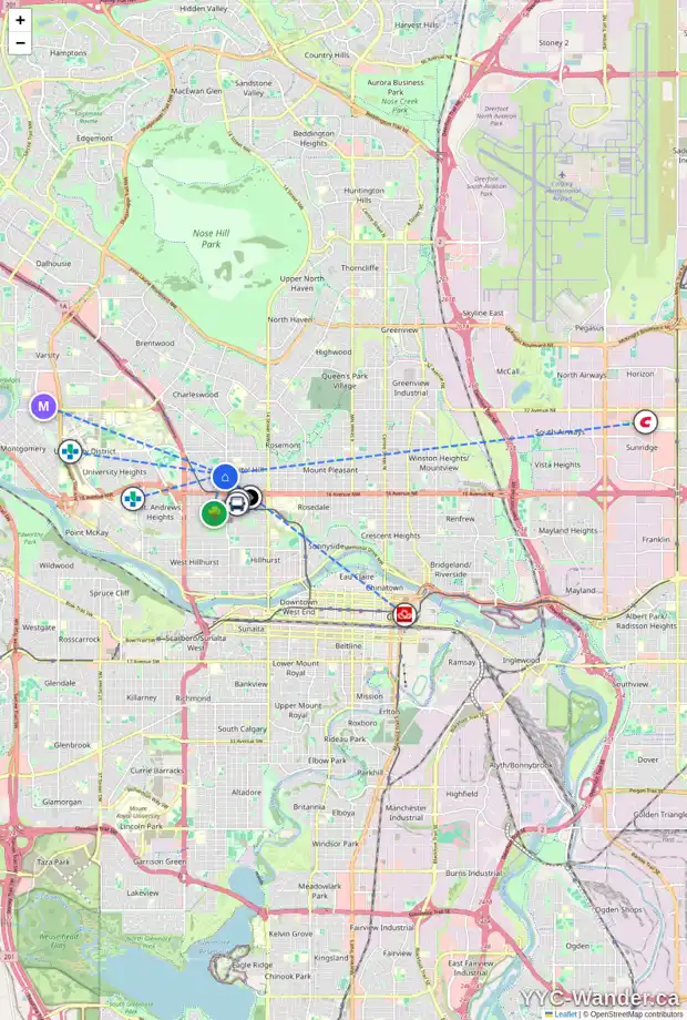 Daily accessibility map for 2011 20 AV NW, Calgary showing nearby schools, grocery stores, parks, LRT stations and nearby amenities