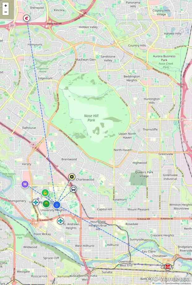 Daily accessibility map for 3319 UPTON PL NW, Calgary showing nearby schools, grocery stores, parks, LRT stations and nearby amenities