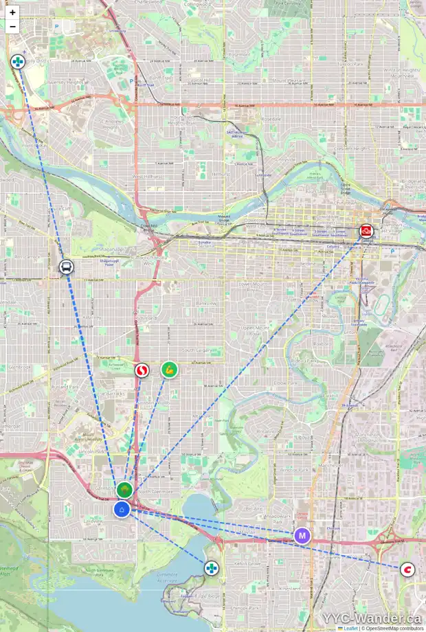Daily accessibility map for 2735 LOUGHEED DR SW, Calgary showing nearby schools, grocery stores, parks, LRT stations and nearby amenities