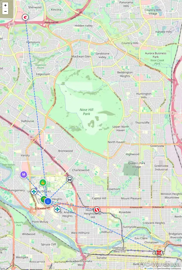 Daily accessibility map for 2035 UNGAVA RD NW, Calgary showing nearby schools, grocery stores, parks, LRT stations and nearby amenities
