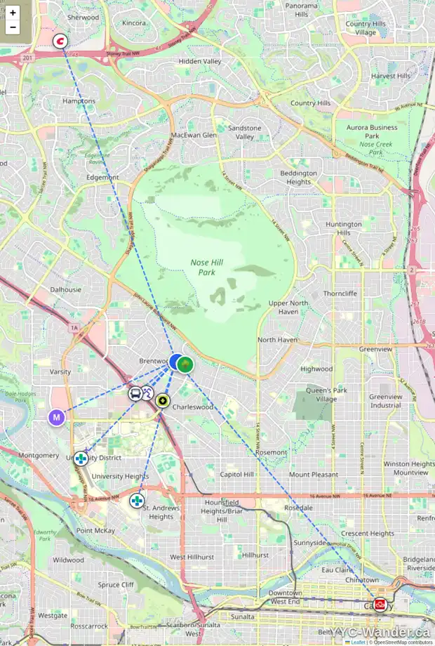 Daily accessibility map for 328 CAPRI AV NW, Calgary showing nearby schools, grocery stores, parks, LRT stations and nearby amenities