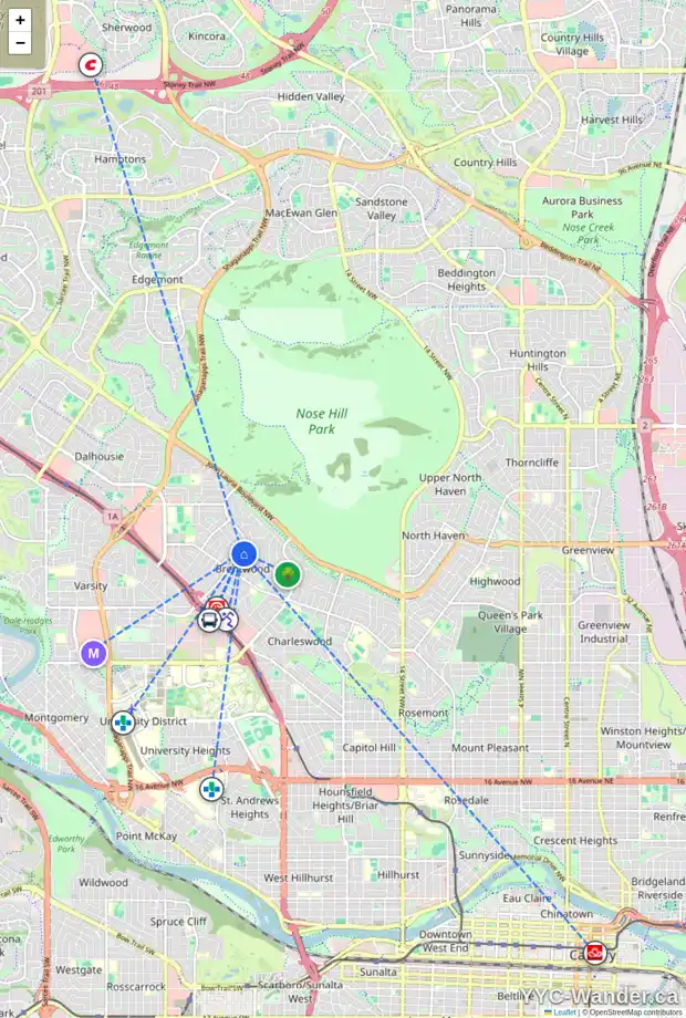 Daily accessibility map for 4816 BRISEBOIS DR NW, Calgary showing nearby schools, grocery stores, parks, LRT stations and nearby amenities