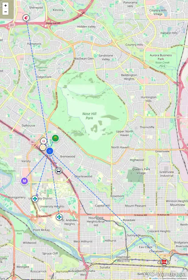 Daily accessibility map for 1525 NORTHMOUNT DR NW, Calgary showing nearby schools, grocery stores, parks, LRT stations and nearby amenities