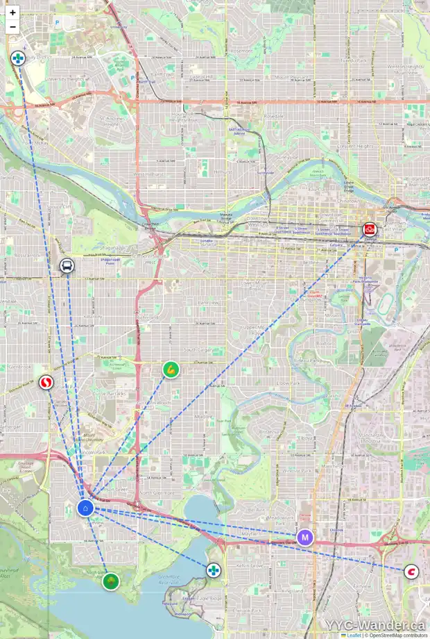 Daily accessibility map for 3440 LANE CR SW, Calgary showing nearby schools, grocery stores, parks, LRT stations and nearby amenities