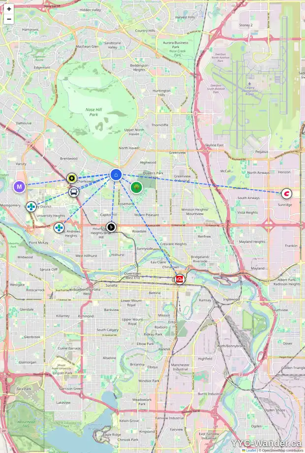 Daily accessibility map for 28 CROMWELL AV NW, Calgary showing nearby schools, grocery stores, parks, LRT stations and nearby amenities
