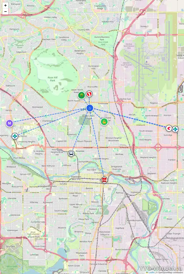 Daily accessibility map for 238 HENDON DR NW, Calgary showing nearby schools, grocery stores, parks, LRT stations and nearby amenities