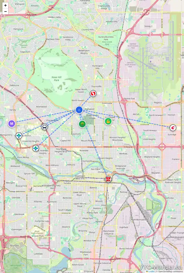 Daily accessibility map for 43 HOUNSLOW DR NW, Calgary showing nearby schools, grocery stores, parks, LRT stations and nearby amenities