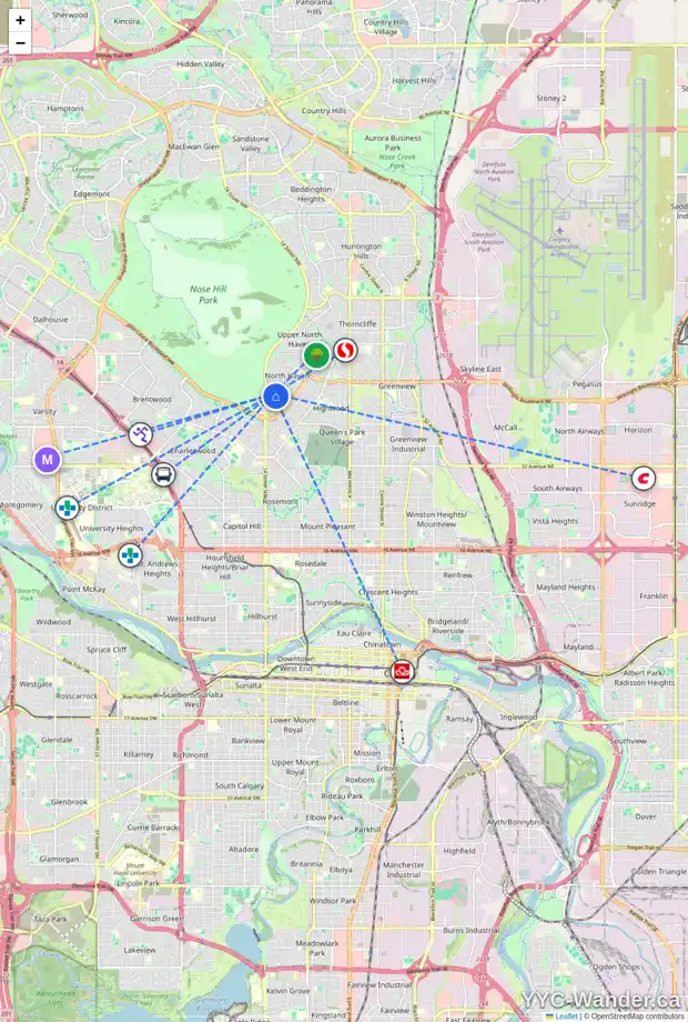 Daily accessibility map for 1332 NORTHCOTE RD NW, Calgary showing nearby schools, grocery stores, parks, LRT stations and nearby amenities