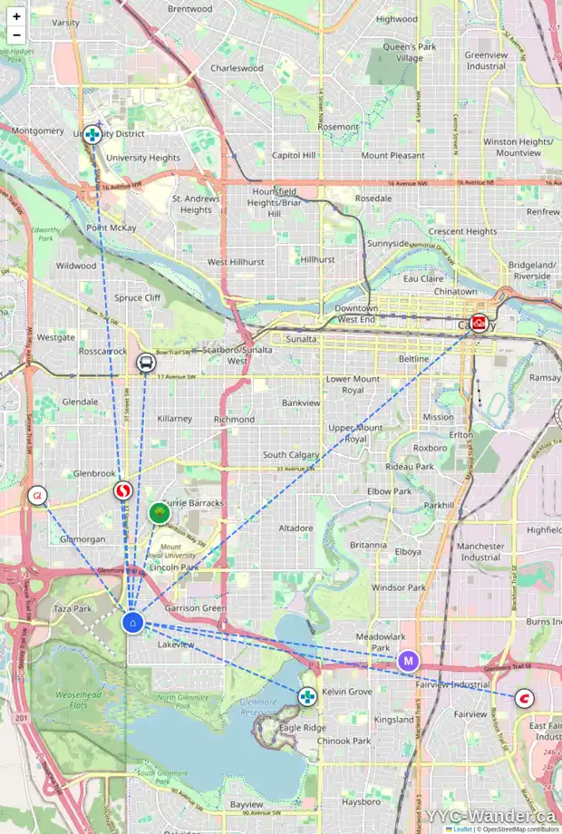 Daily accessibility map for 3720 58 AV SW, Calgary showing nearby schools, grocery stores, parks, LRT stations and nearby amenities