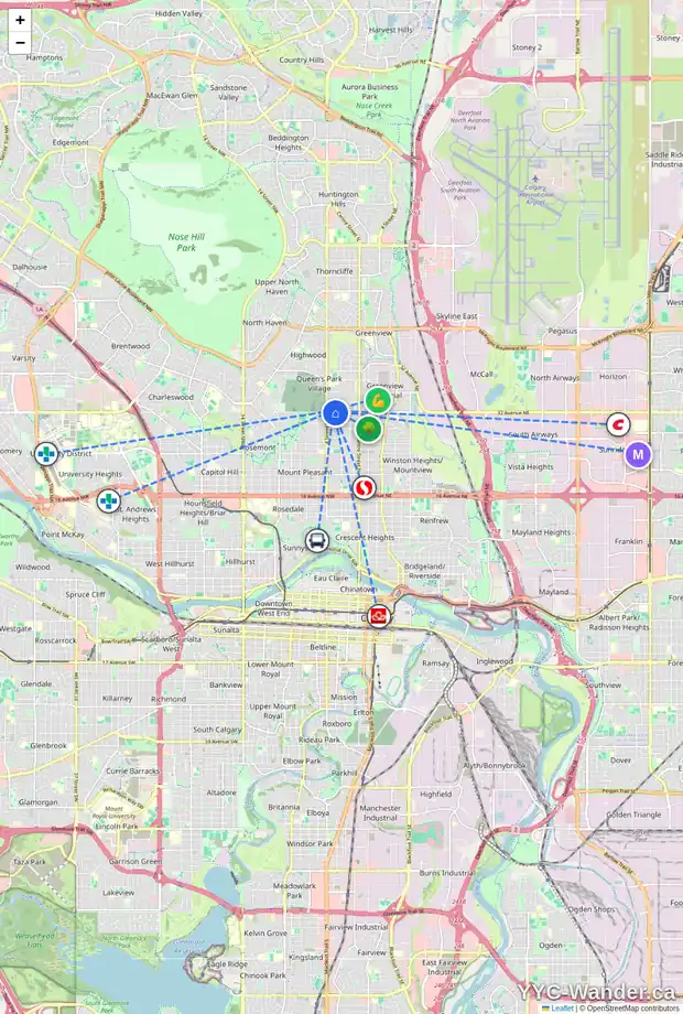 Daily accessibility map for 428 32 AV NW, Calgary showing nearby schools, grocery stores, parks, LRT stations and nearby amenities