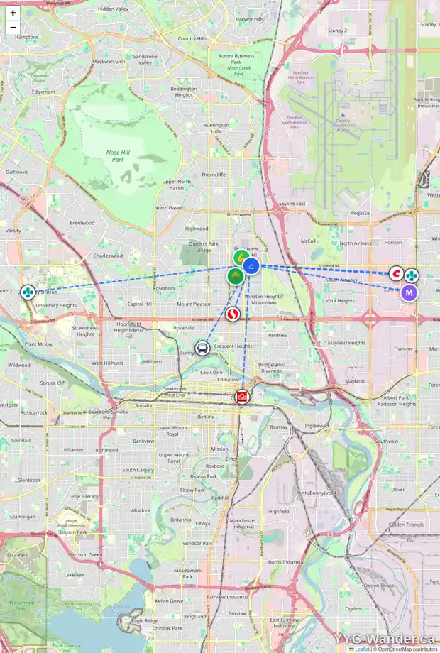 Daily accessibility map for 414 32 AV NE, Calgary showing nearby schools, grocery stores, parks, LRT stations and nearby amenities