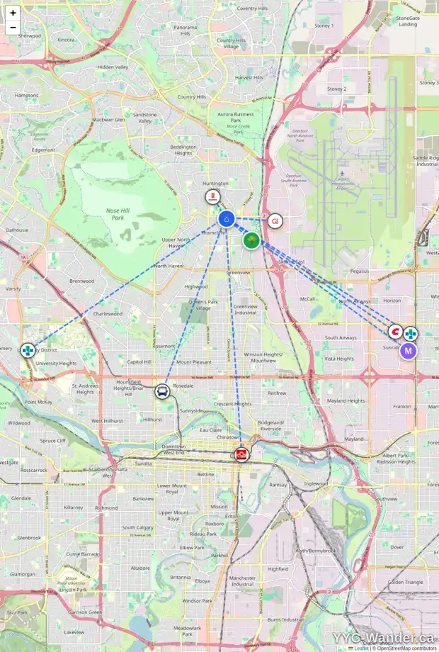 Daily accessibility map for 123 64 AV NW, Calgary showing nearby schools, grocery stores, parks, LRT stations and nearby amenities