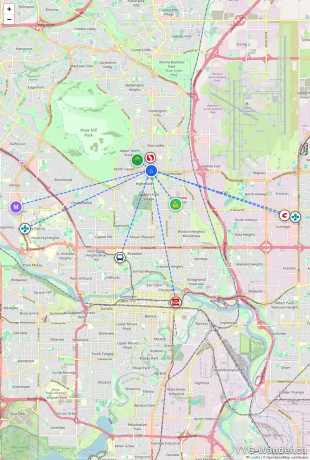 Daily accessibility map for 515 THORNHILL DR NW, Calgary showing nearby schools, grocery stores, parks, LRT stations and nearby amenities