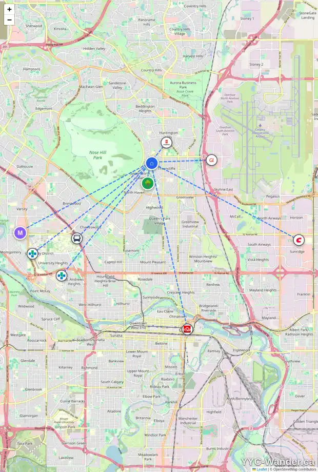 Daily accessibility map for 44 THORNWOOD PL NW, Calgary showing nearby schools, grocery stores, parks, LRT stations and nearby amenities