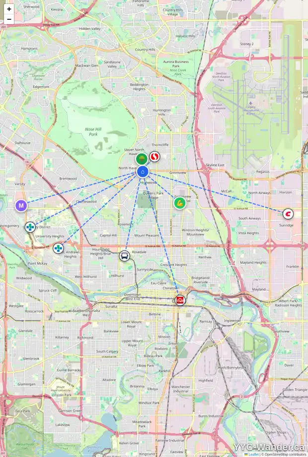 Daily accessibility map for 414 HENDON DR NW, Calgary showing nearby schools, grocery stores, parks, LRT stations and nearby amenities