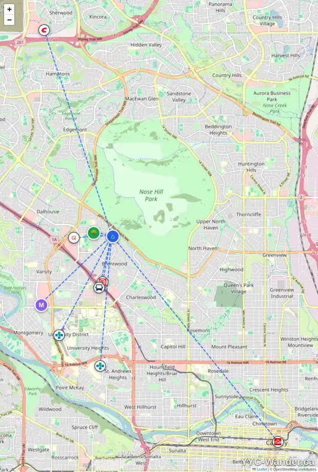 Daily accessibility map for 3223 CONRAD CR NW, Calgary showing nearby schools, grocery stores, parks, LRT stations and nearby amenities