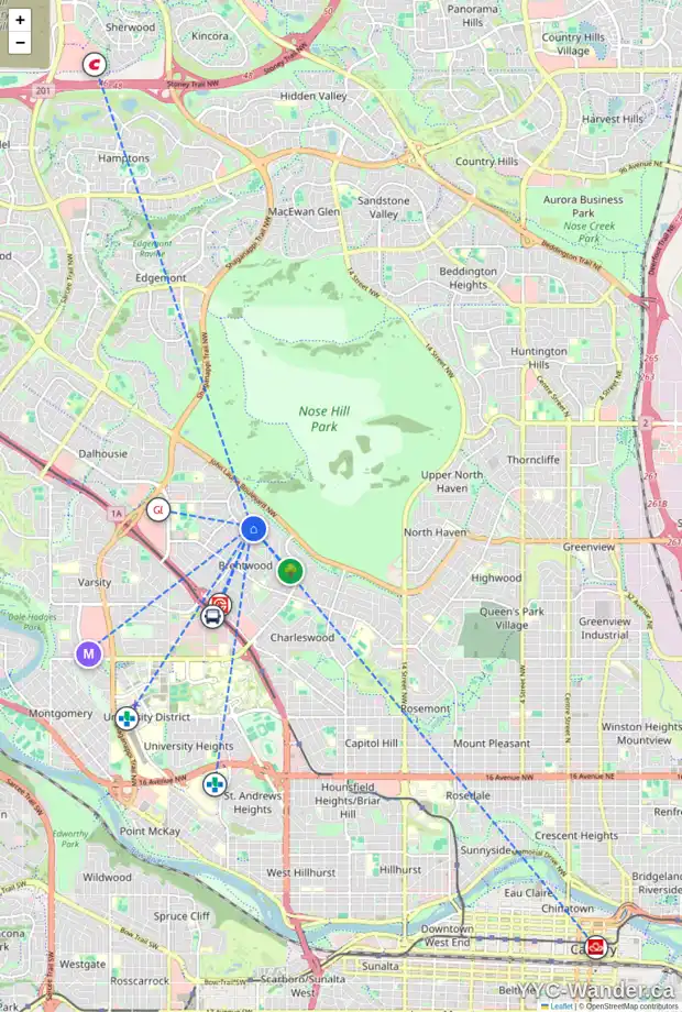 Daily accessibility map for 5012 CARNEY RD NW, Calgary showing nearby schools, grocery stores, parks, LRT stations and nearby amenities