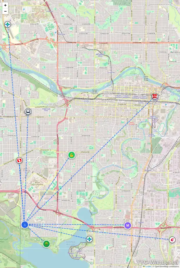 Daily accessibility map for 6511 LAW DR SW, Calgary showing nearby schools, grocery stores, parks, LRT stations and nearby amenities