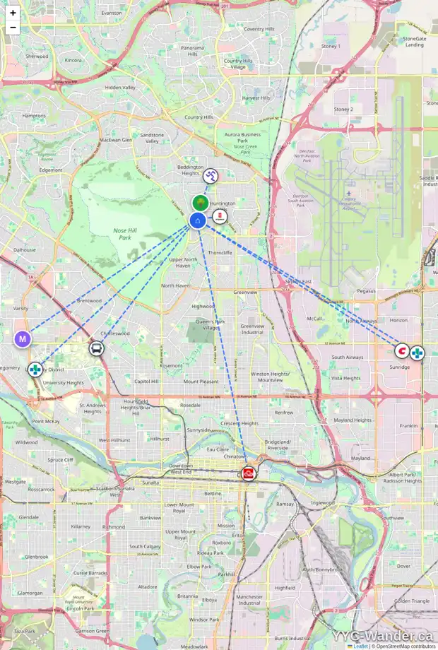 Daily accessibility map for 7128 HUNTERVIEW DR NW, Calgary showing nearby schools, grocery stores, parks, LRT stations and nearby amenities
