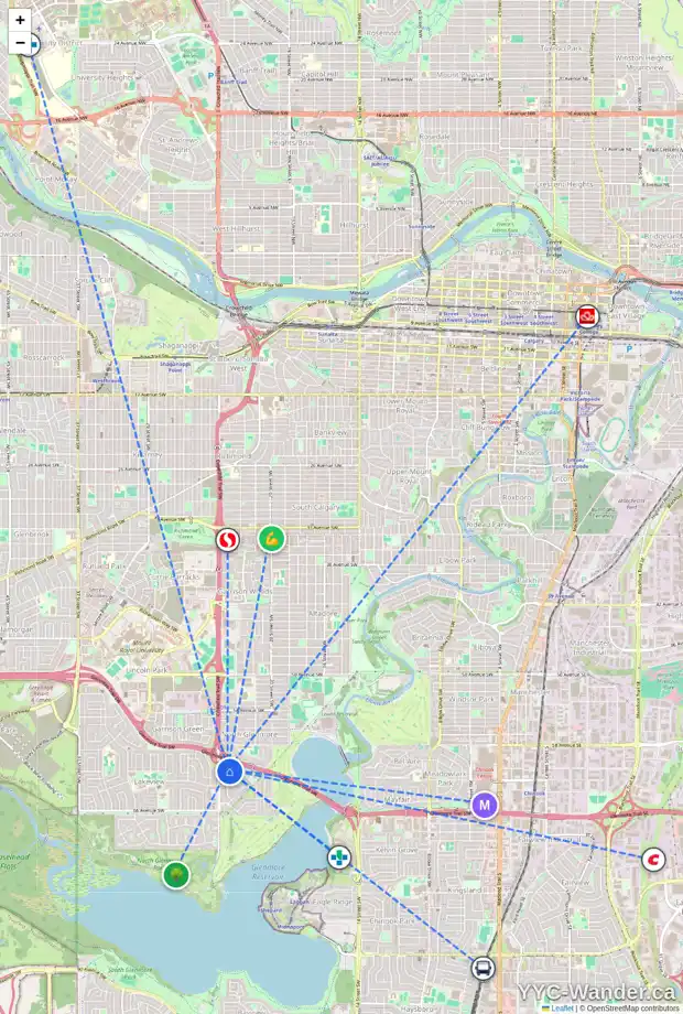 Daily accessibility map for 6319 LOMBARDY CR SW, Calgary showing nearby schools, grocery stores, parks, LRT stations and nearby amenities