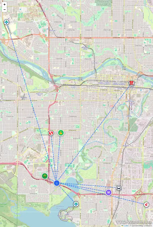 Daily accessibility map for 2240 LANGRIVILLE DR SW, Calgary showing nearby schools, grocery stores, parks, LRT stations and nearby amenities