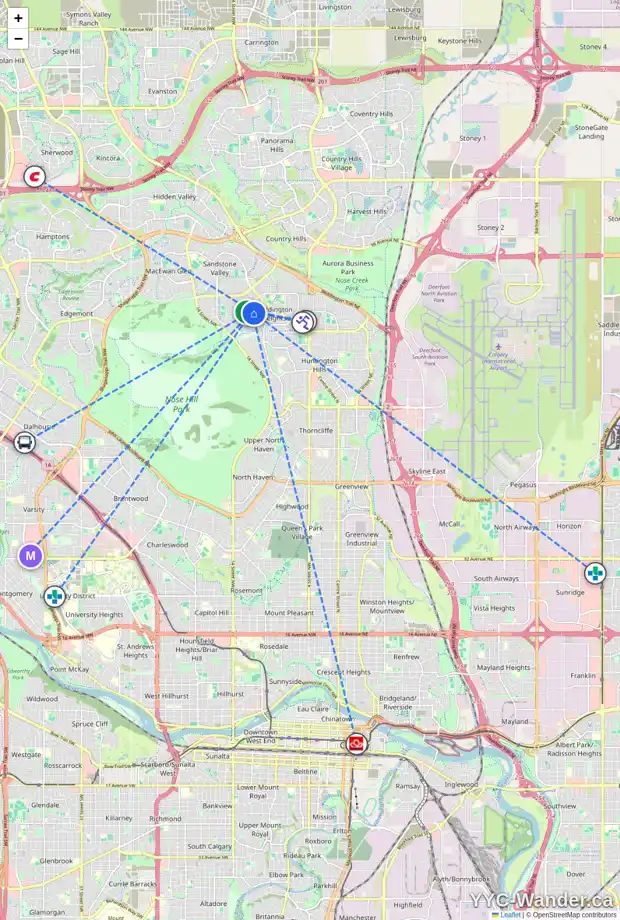 Daily accessibility map for 25 BERWICK RI NW, Calgary showing nearby schools, grocery stores, parks, LRT stations and nearby amenities