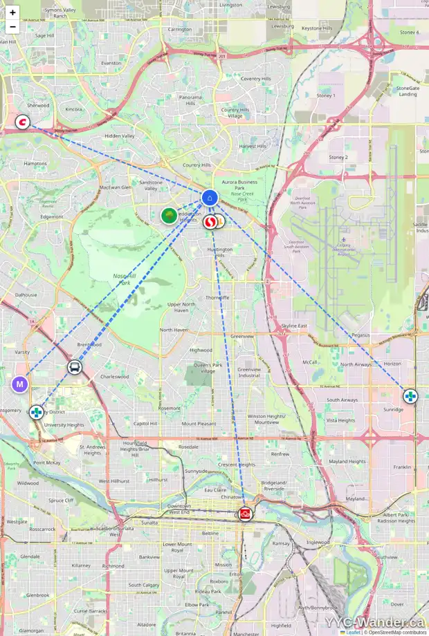 Daily accessibility map for 32 BERNARD CL NW, Calgary showing nearby schools, grocery stores, parks, LRT stations and nearby amenities