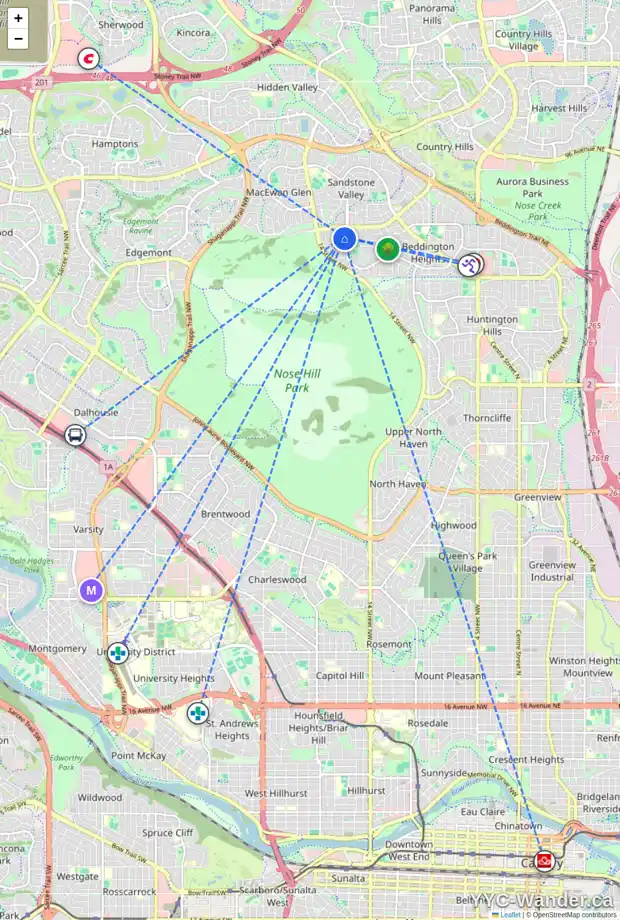 Daily accessibility map for 102 BEACONSFIELD RD NW, Calgary showing nearby schools, grocery stores, parks, LRT stations and nearby amenities