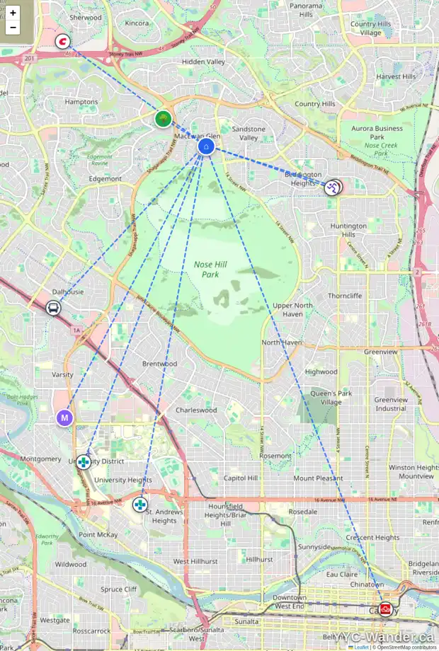 Daily accessibility map for 47 MACEWAN PARK WY NW, Calgary showing nearby schools, grocery stores, parks, LRT stations and nearby amenities