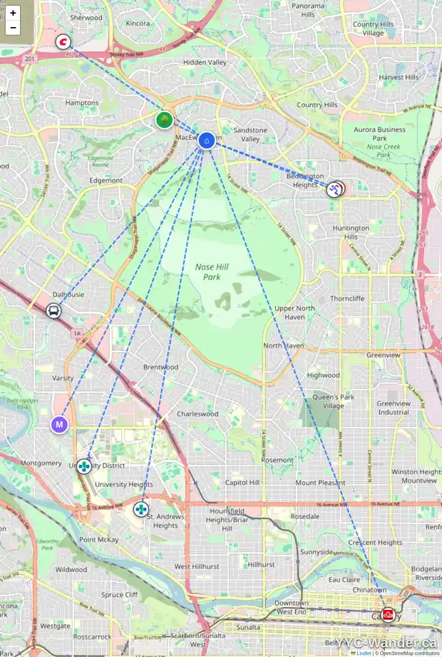 Daily accessibility map for 48 MACEWAN PARK RD NW, Calgary showing nearby schools, grocery stores, parks, LRT stations and nearby amenities