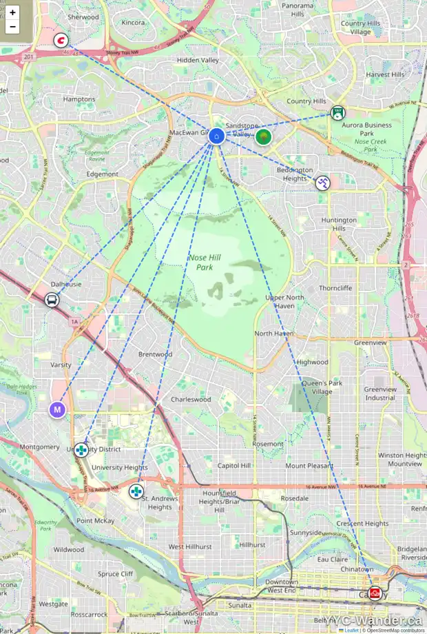 Daily accessibility map for 228 SANDRINGHAM PL NW, Calgary showing nearby schools, grocery stores, parks, LRT stations and nearby amenities