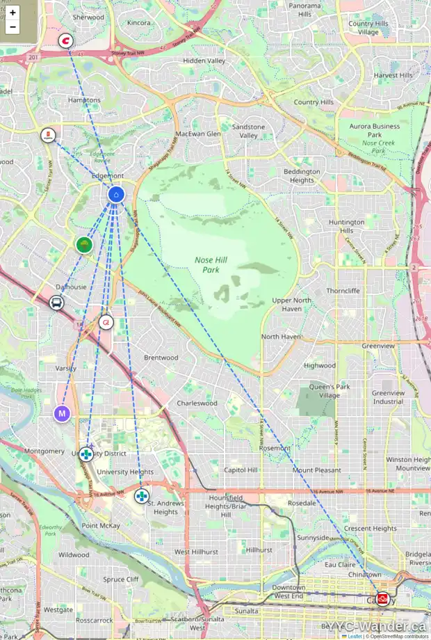Daily accessibility map for 31 EDFORTH RD NW, Calgary showing nearby schools, grocery stores, parks, LRT stations and nearby amenities