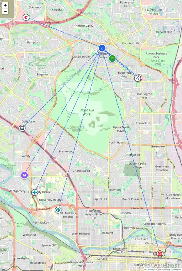 Daily accessibility map for 256 SANDALWOOD CL NW, Calgary showing nearby schools, grocery stores, parks, LRT stations and nearby amenities