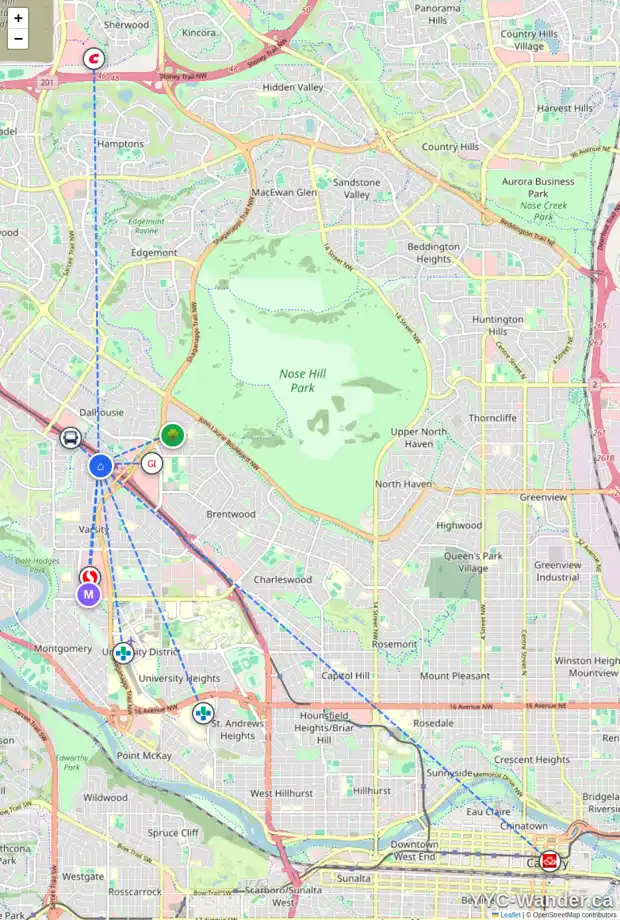 Daily accessibility map for 4847 VIENNA DR NW, Calgary showing nearby schools, grocery stores, parks, LRT stations and nearby amenities