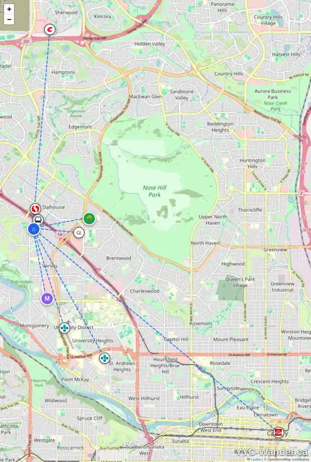 Daily accessibility map for 322 VALENCIA PL NW, Calgary showing nearby schools, grocery stores, parks, LRT stations and nearby amenities