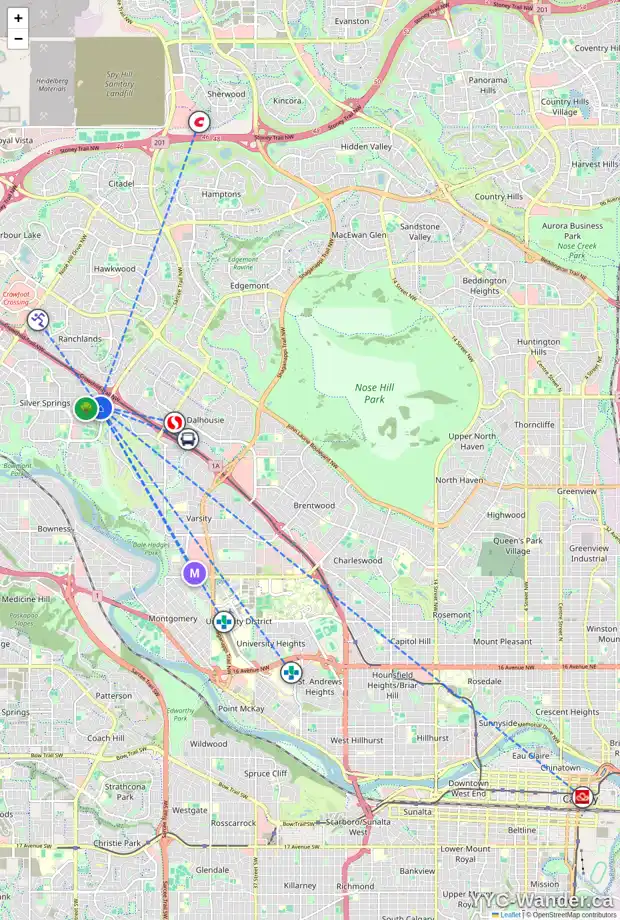 Daily accessibility map for 6435 SILVER SPRINGS WY NW, Calgary showing nearby schools, grocery stores, parks, LRT stations and nearby amenities