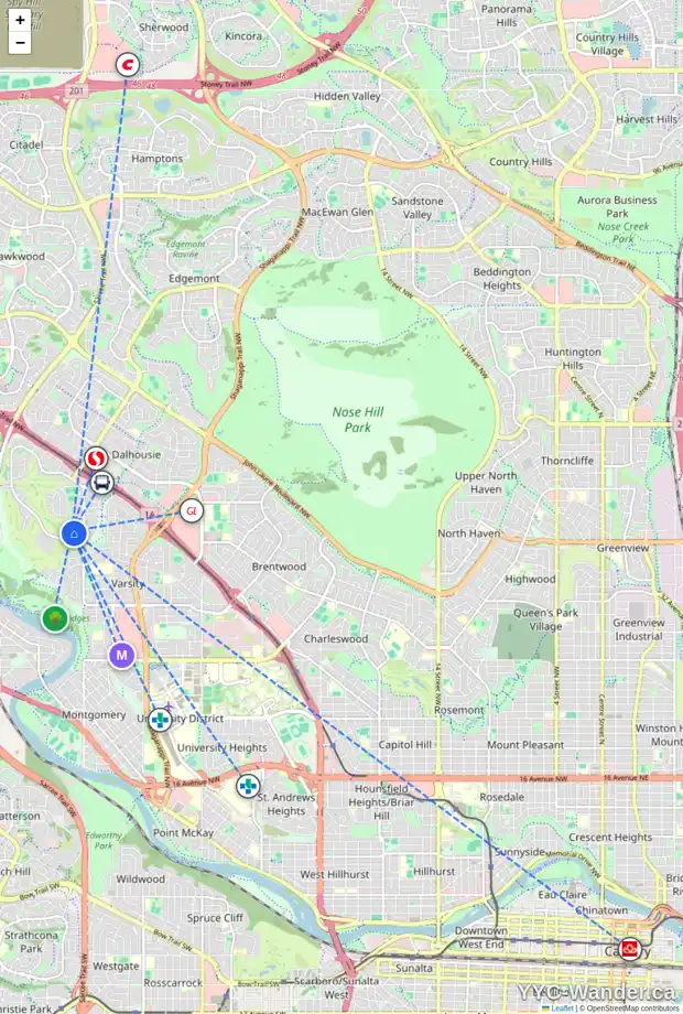 Daily accessibility map for 127 VARSITY ESTATES GV NW, Calgary showing nearby schools, grocery stores, parks, LRT stations and nearby amenities