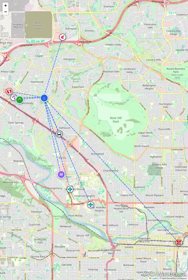 Daily accessibility map for 616 RANCH ESTATES BA NW, Calgary showing nearby schools, grocery stores, parks, LRT stations and nearby amenities