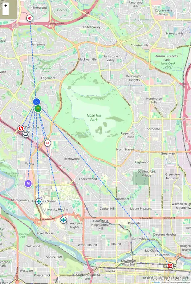 Daily accessibility map for 144 EDGEMONT ESTATES DR NW, Calgary showing nearby schools, grocery stores, parks, LRT stations and nearby amenities
