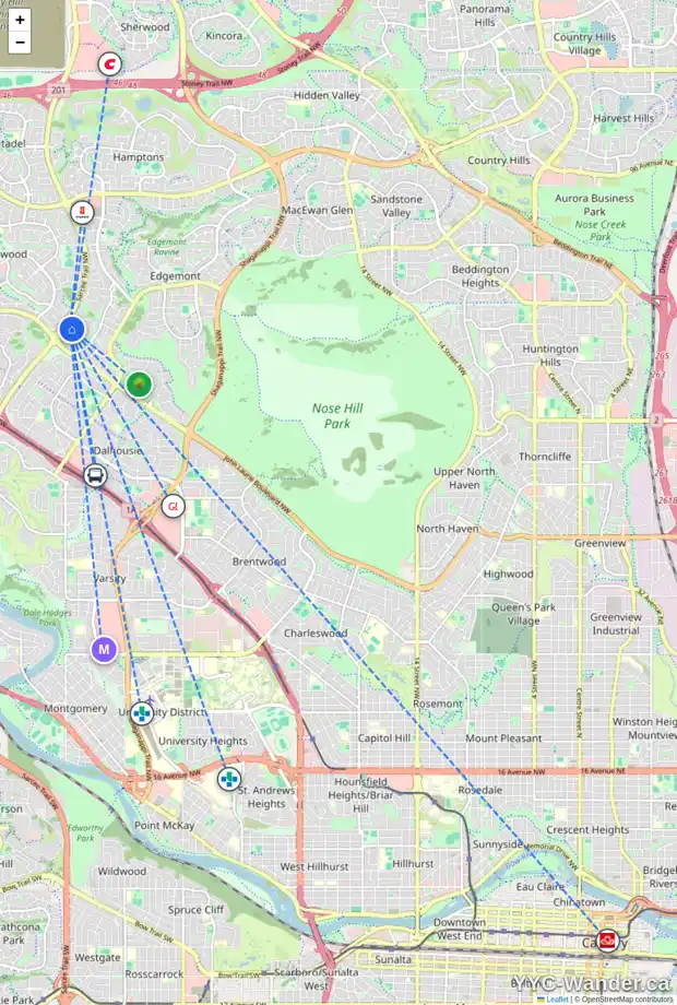 Daily accessibility map for 153 EDGEHILL DR NW, Calgary showing nearby schools, grocery stores, parks, LRT stations and nearby amenities