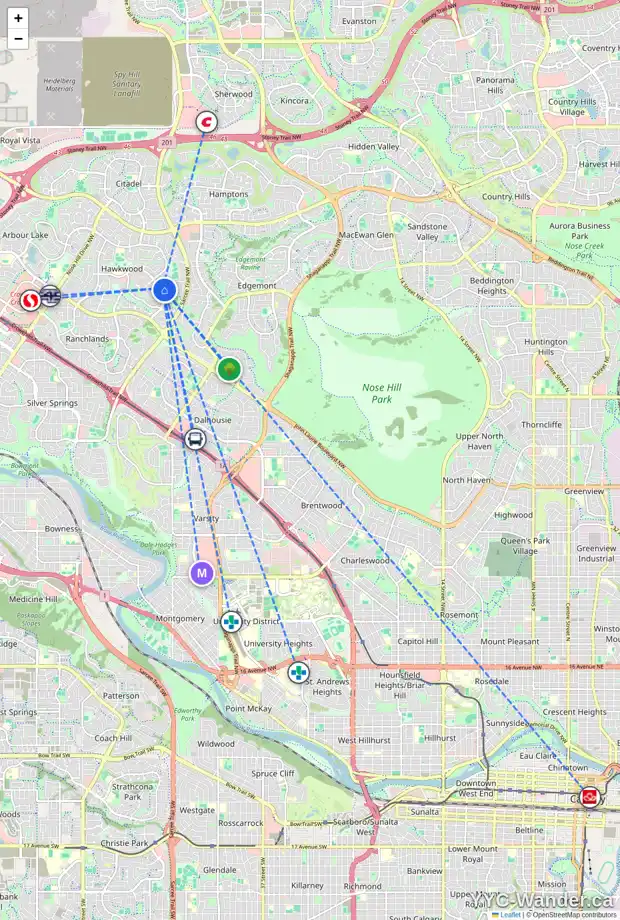 Daily accessibility map for 200 HAWKWOOD BV NW, Calgary showing nearby schools, grocery stores, parks, LRT stations and nearby amenities