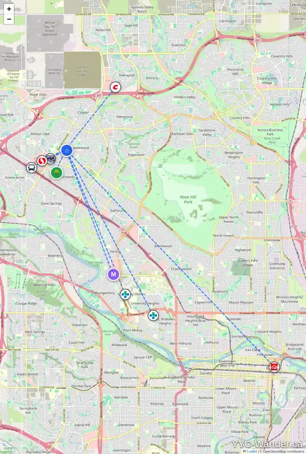 Daily accessibility map for 90 HAWKDALE CI NW, Calgary showing nearby schools, grocery stores, parks, LRT stations and nearby amenities