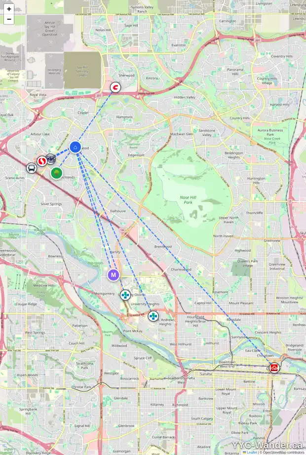 Daily accessibility map for 60 HAWKDALE CL NW, Calgary showing nearby schools, grocery stores, parks, LRT stations and nearby amenities
