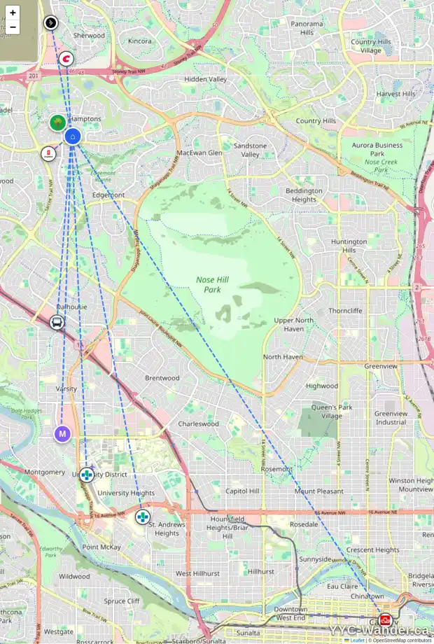 Daily accessibility map for 119 HAMPSHIRE CL NW, Calgary showing nearby schools, grocery stores, parks, LRT stations and nearby amenities