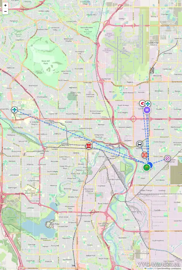 Daily accessibility map for 2518 35 ST SE, Calgary showing nearby schools, grocery stores, parks, LRT stations and nearby amenities